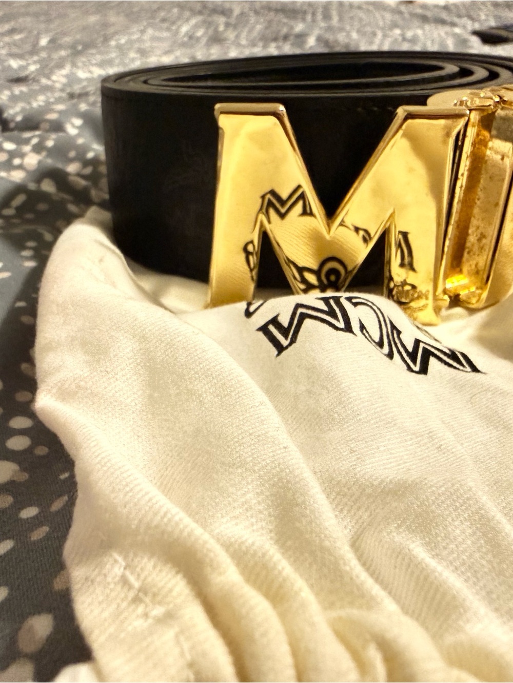 MCM Reversable Black Leather Logo-Stamped Belt with Diamond Motif